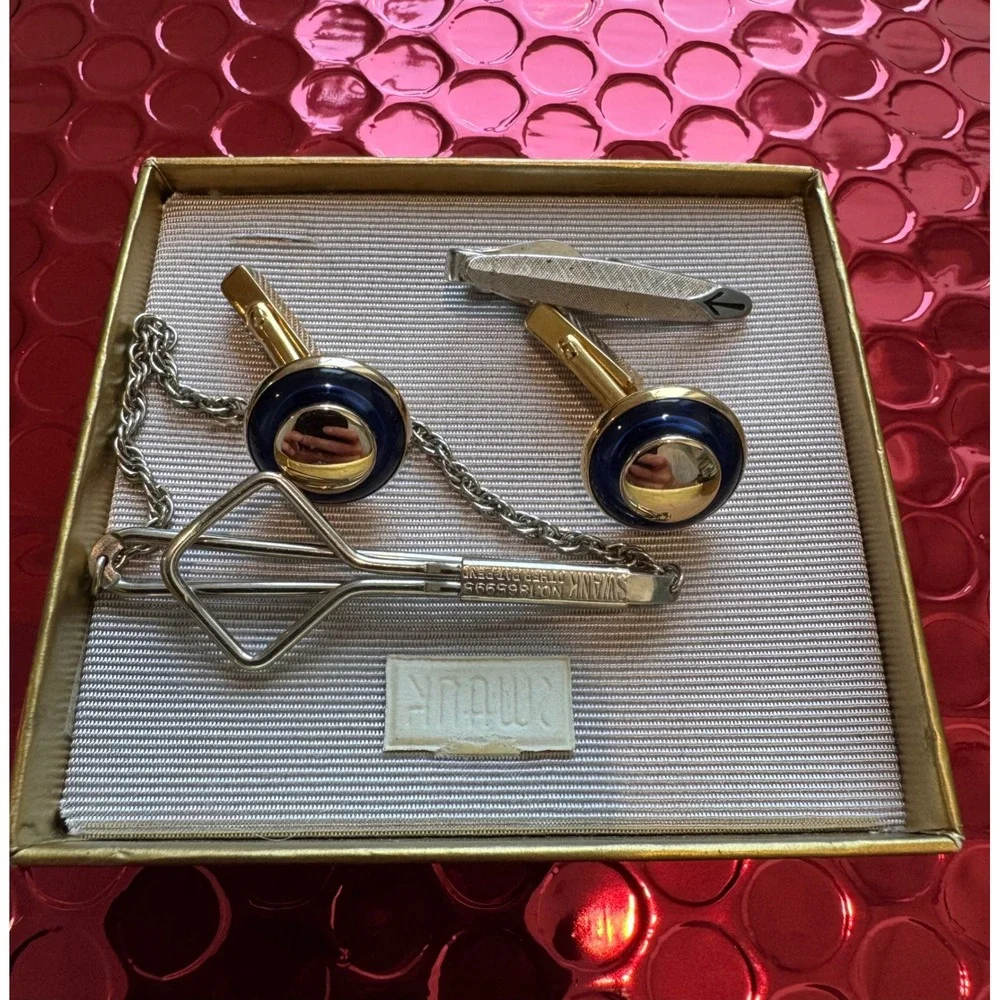 Vintage Swank Cufflinks and Tie Clip Set Blue Gold Silver Tone Mid Century Mens